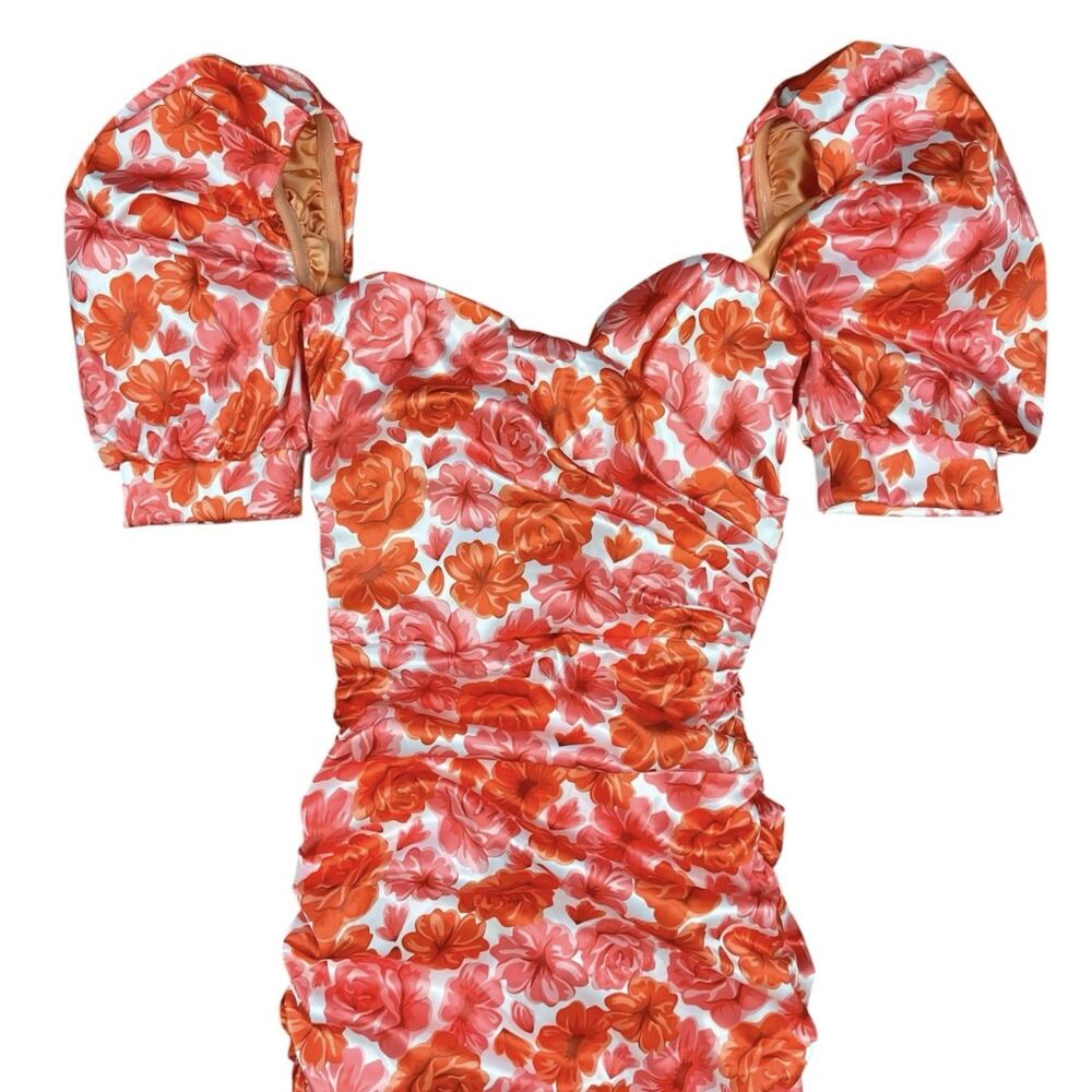 Oh Polly In Full Bloom Puff Sleeve Satin Mini Ruched Bodycon Dress Size 0 NWT - Picture 3 of 7